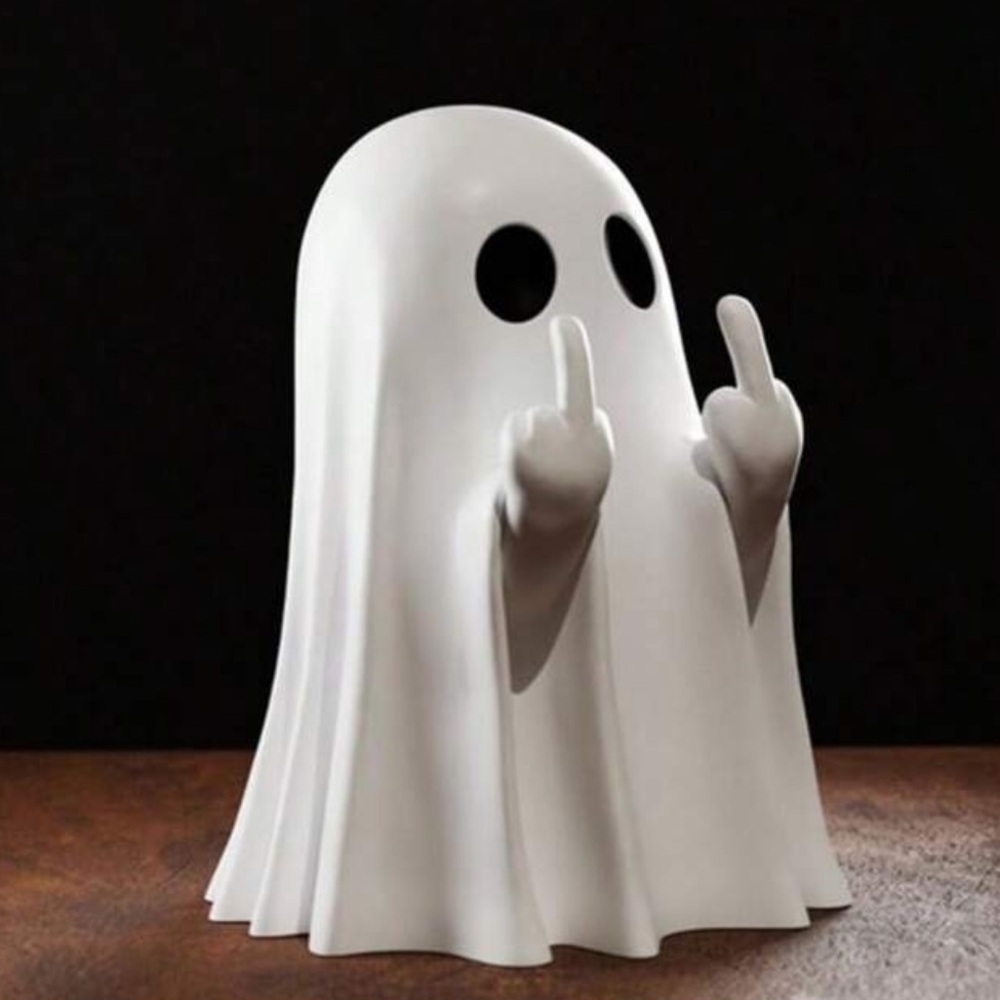 White Ghost Figurine with Funny Hand Gesture Halloween Decor